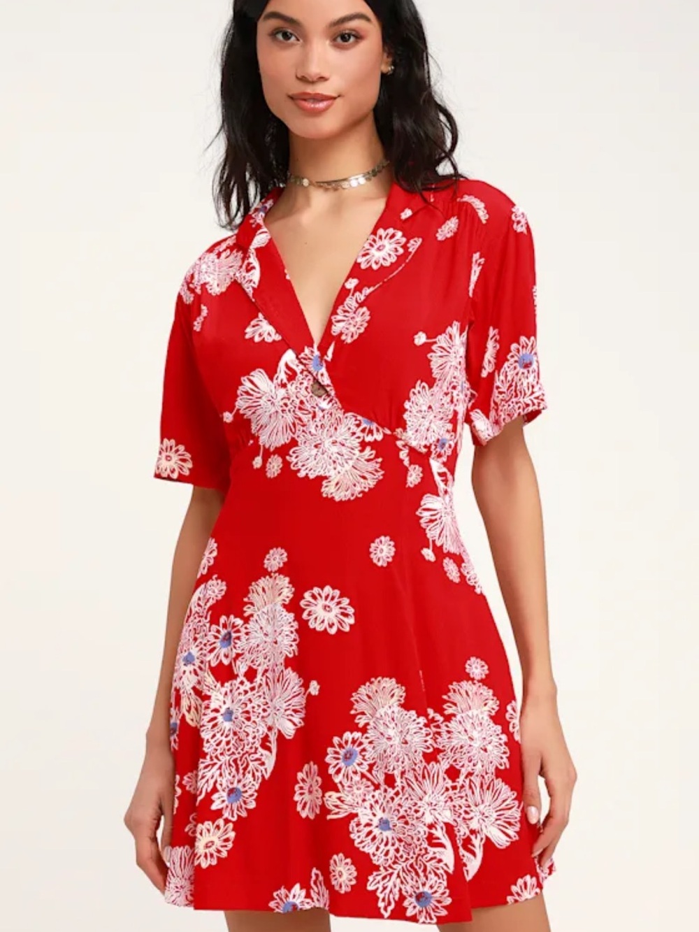 Free People Blue Hawaii Red Floral Print Short Sleeve Mini Dress Sz XS Sundress